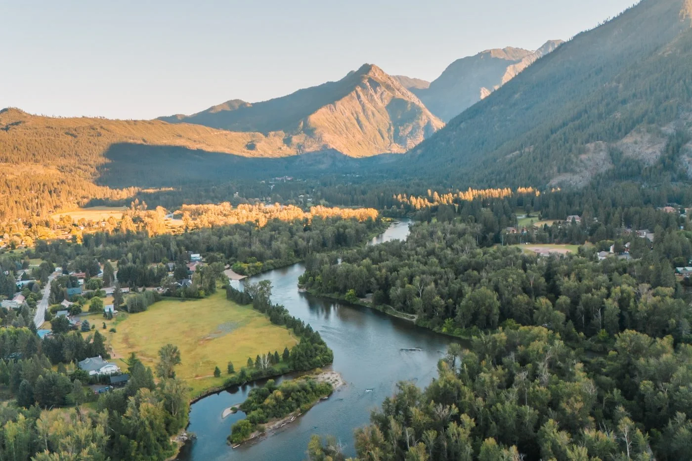 Aerial view a section of the Wenatchee River near Leavenworth Washington