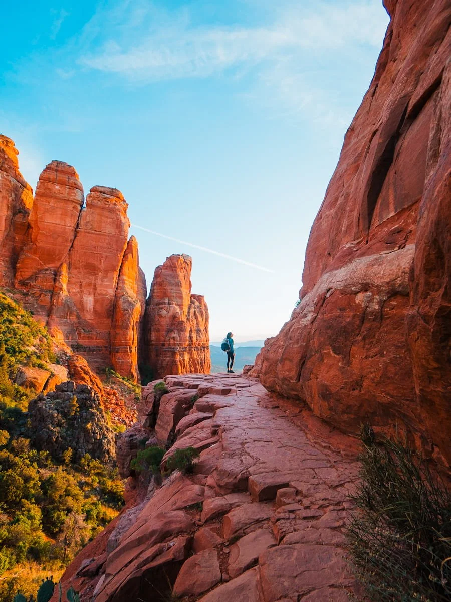 a hiker standing at the edge of a trail with red rocks in sedona on either side