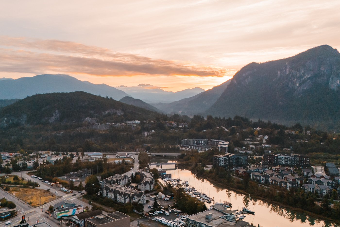 Aerial view of downtown Squamish waterways at sunrise