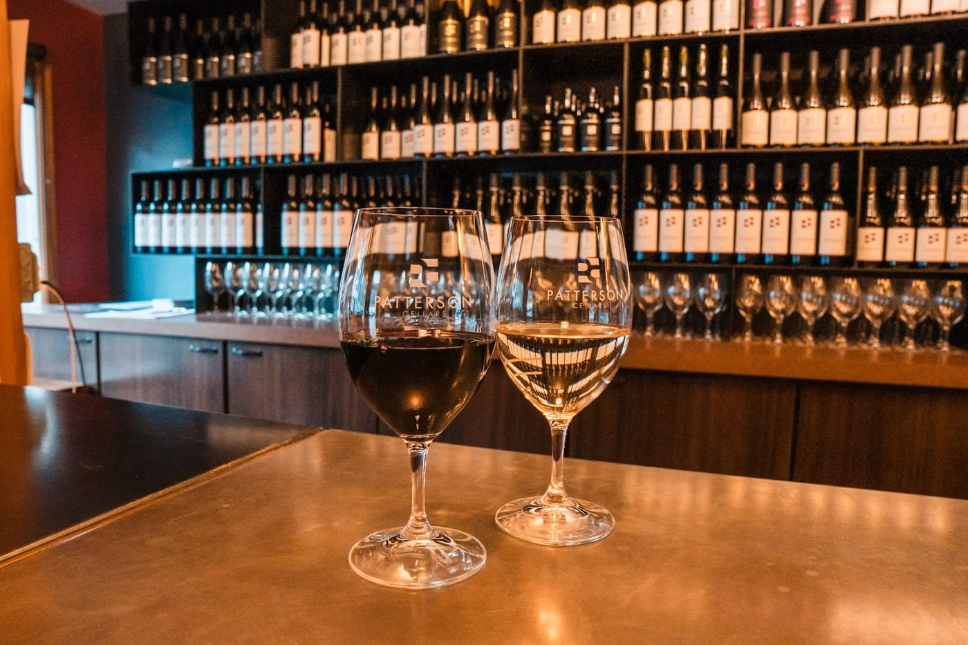 Glasses of white and red wines at the Patterson Cellars Tasting Room in Leavenworth Washington