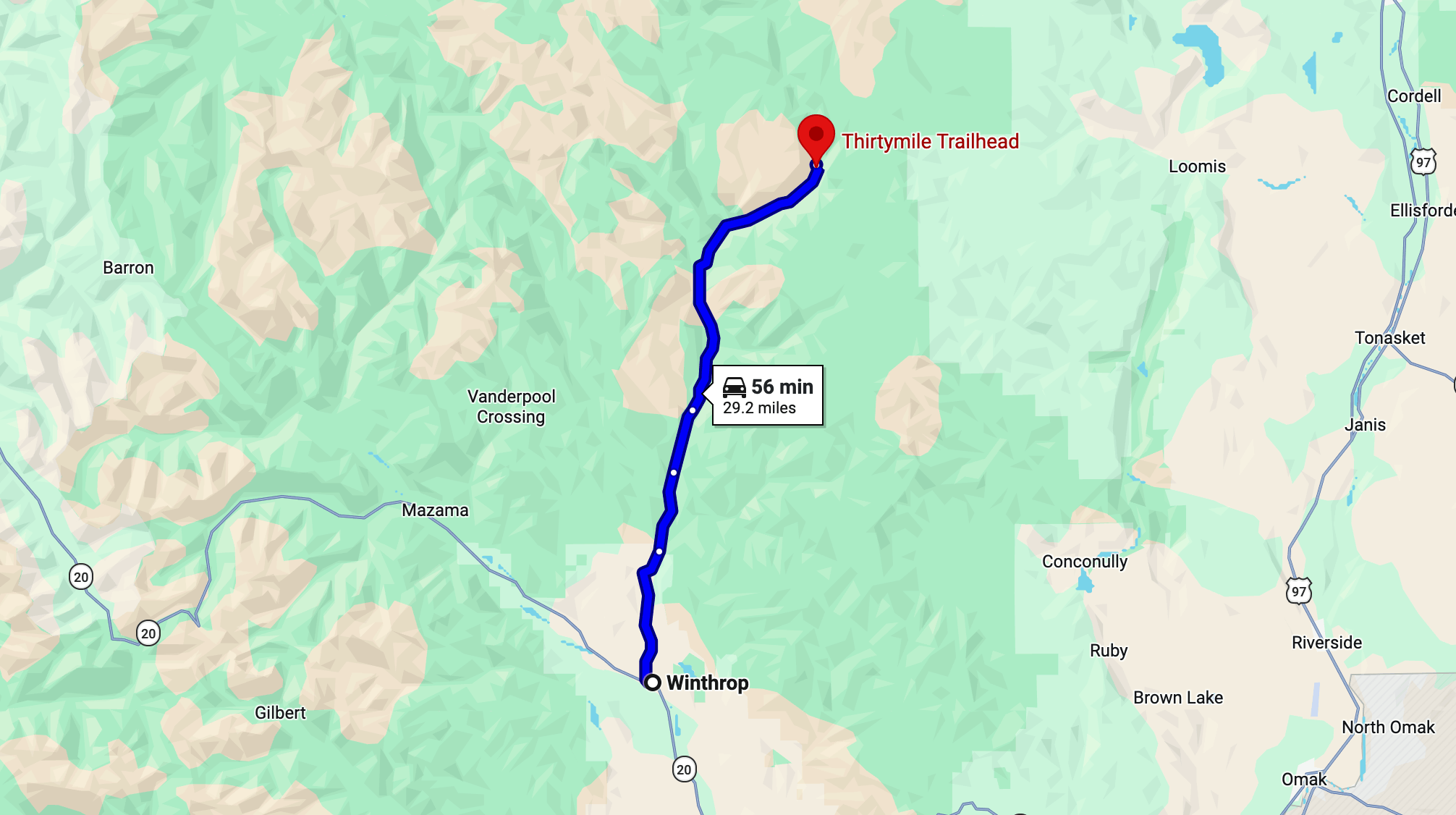 map of the driving directions to the thirtymile trailhead