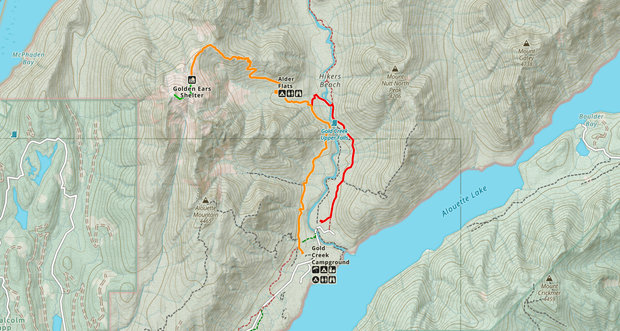 Overview map of the West Canyon and Gold Creek trails that lead to Panorama Ridge and Golden Ears summit