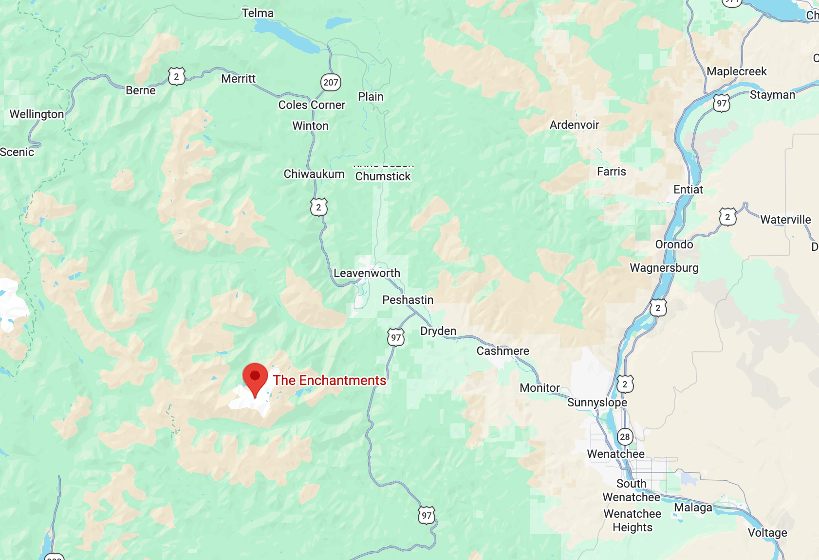 Screenshot of google maps showing the location of the enchantments