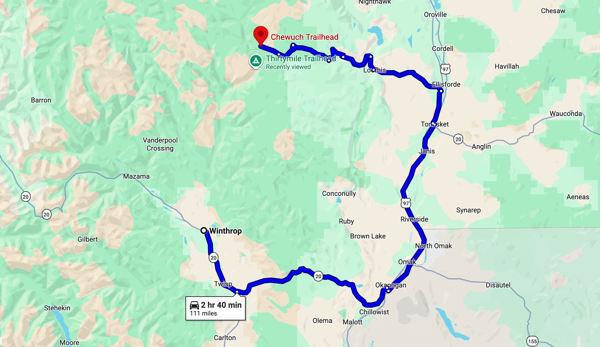 map showing the driving directions to the chewuch trailhead
