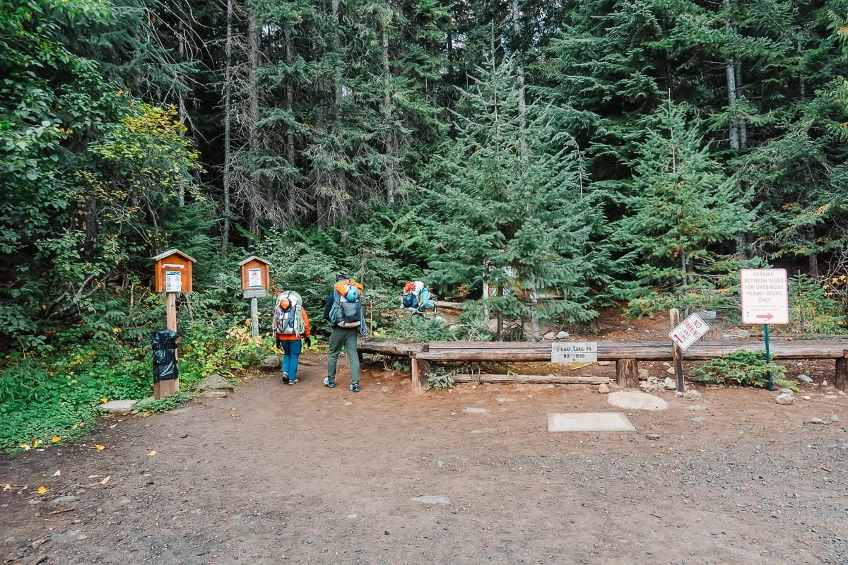 hikers starting the trail at the stuart lake parking and trailhead