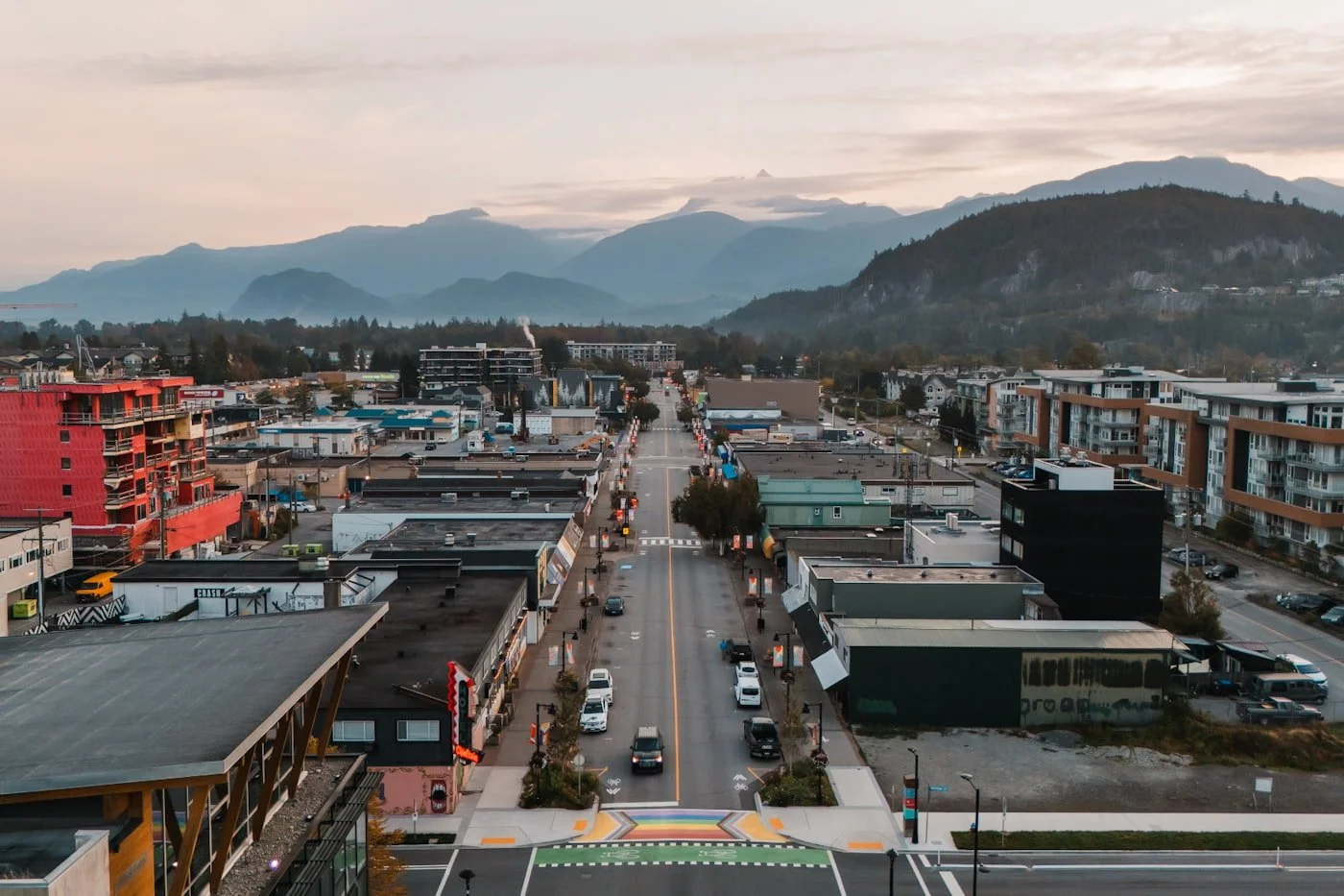 aerial view of downtown Squamish, BC