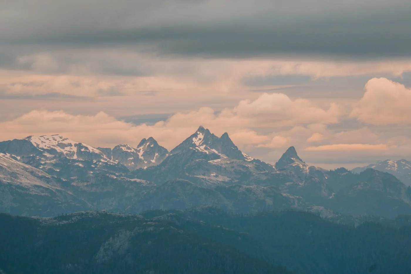 distant view of mountain ridge from Panorama Ridge camping area in golden ears provincial park