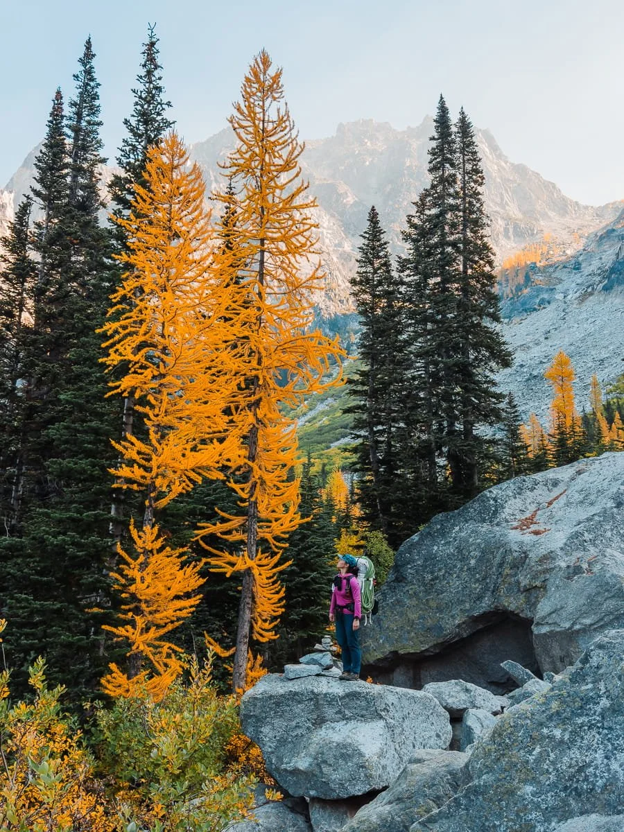  Hikers on the rocky approach below Asgard Pass with Colchuck Lake far below 