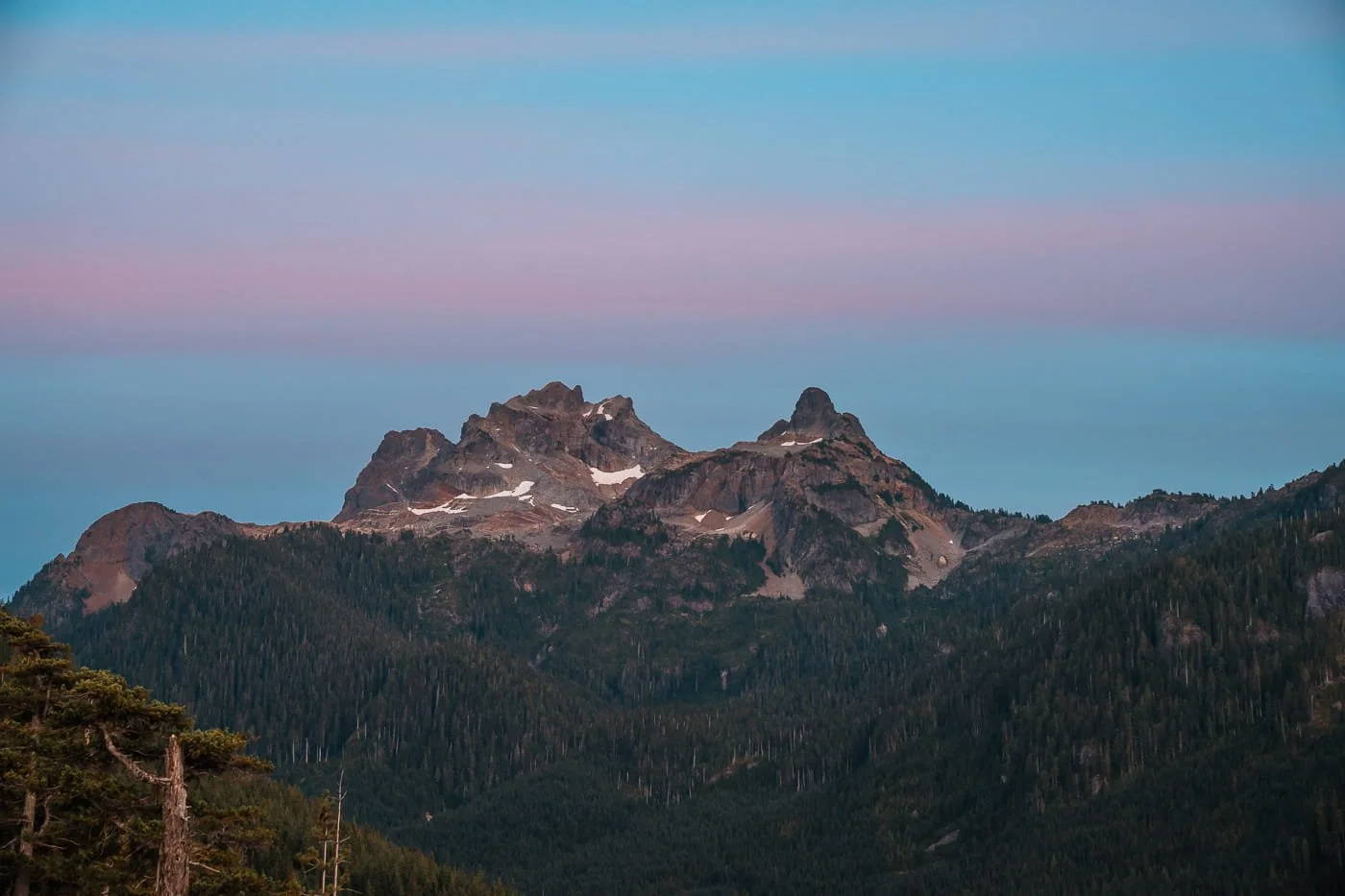 Pilot and Co-Pilot Peaks at sunset from the Sea to Sky Summit