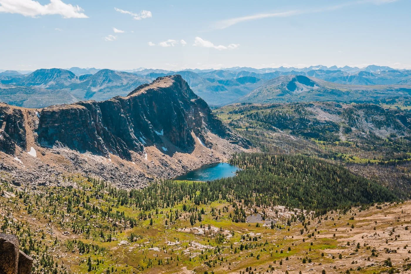 Looking down at amphitheater mountain and upper cathedral lake in the pasayten