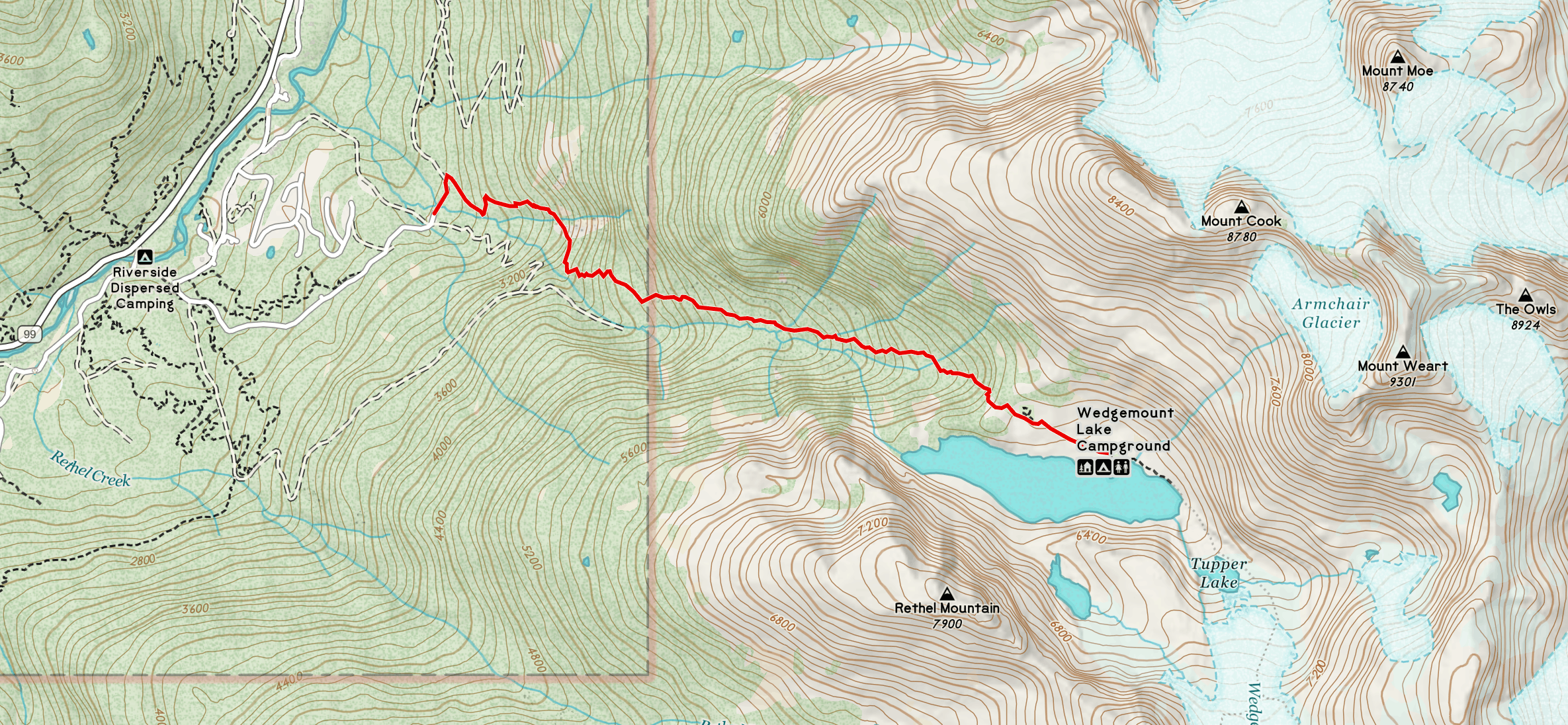 topographic map of the route to wedgemount lake
