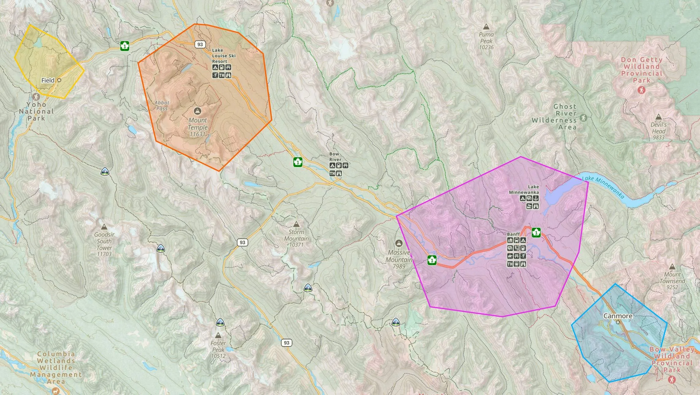 map showing the areas included in this guide, the town of Banff, Canmore, Lake Louise, and Emerald Lake