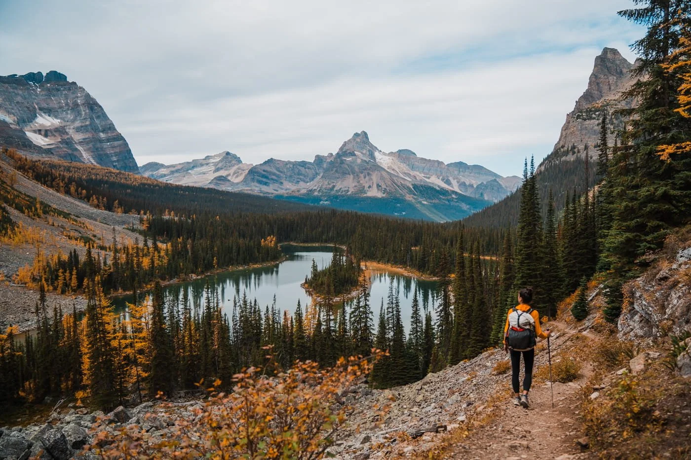 a hiker on a trail with a beautiful lake, larch trees, and mountains below