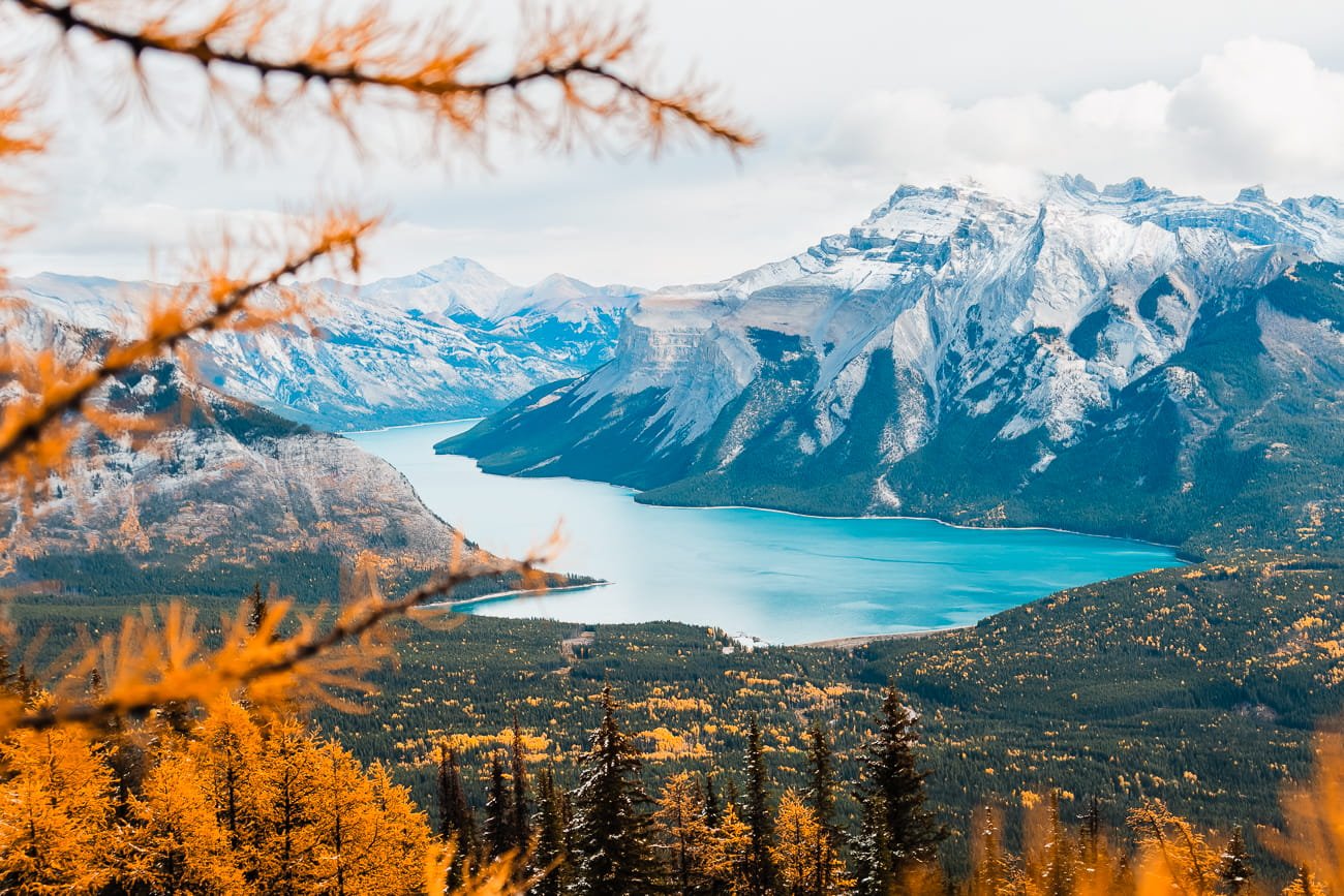 Fall ridge line view of Lake Minnewanka near Banff Alberta