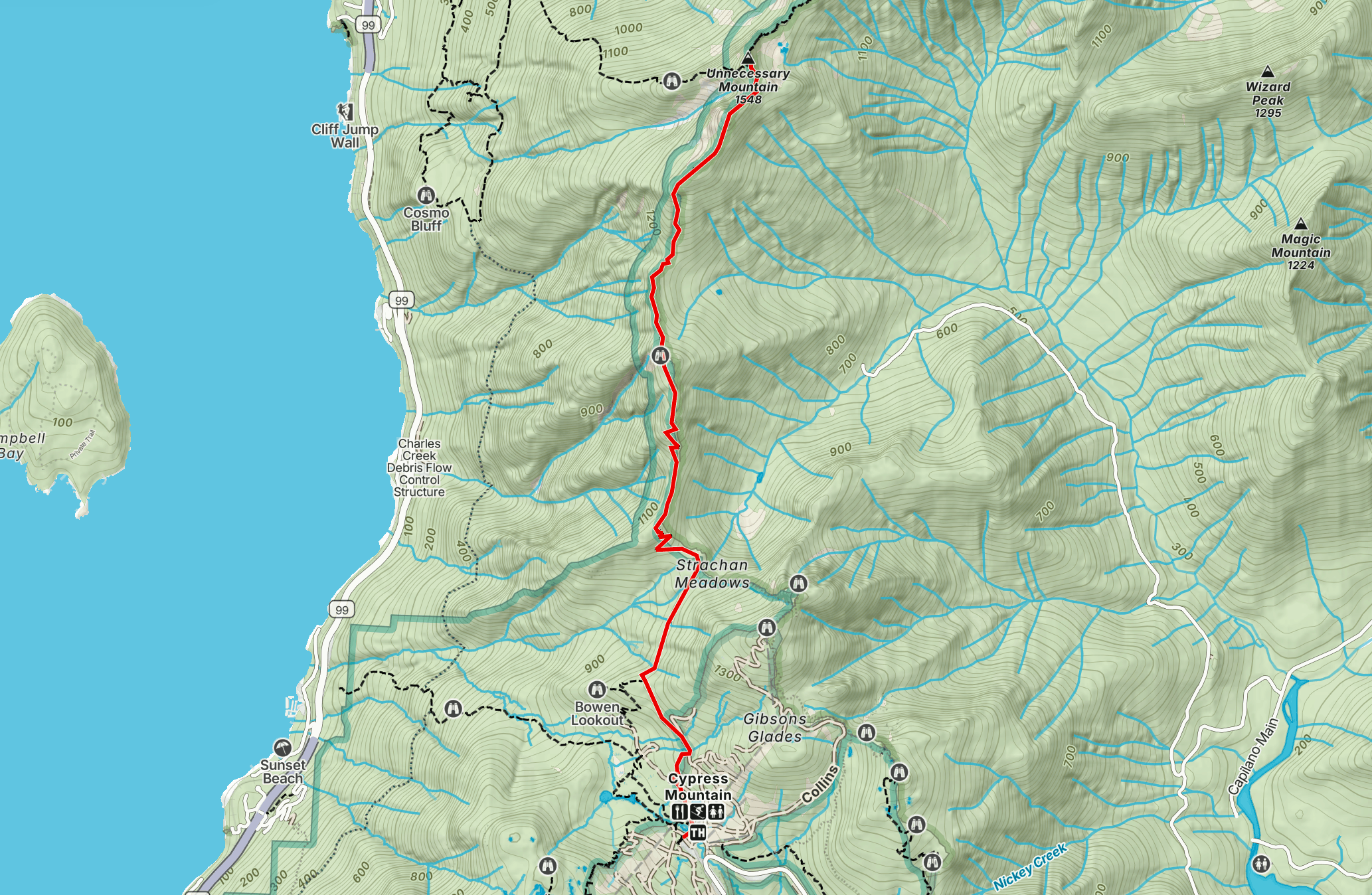Overview map of the route from Cypress Mountain to Unnecessary Mountain