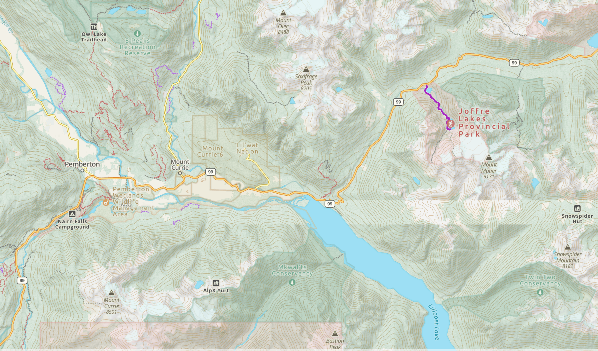 screen shot of the map showing the Joffre Lakes trail to the right and Pemberton to the left