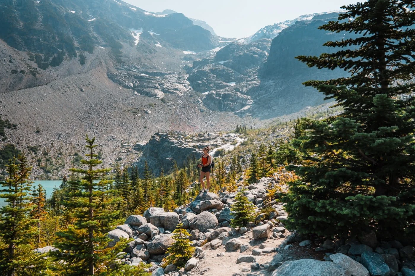 a hiker standing on a rock at Joffre Lake Campground looking into the distance with small trees around her and rocky mountains in the background