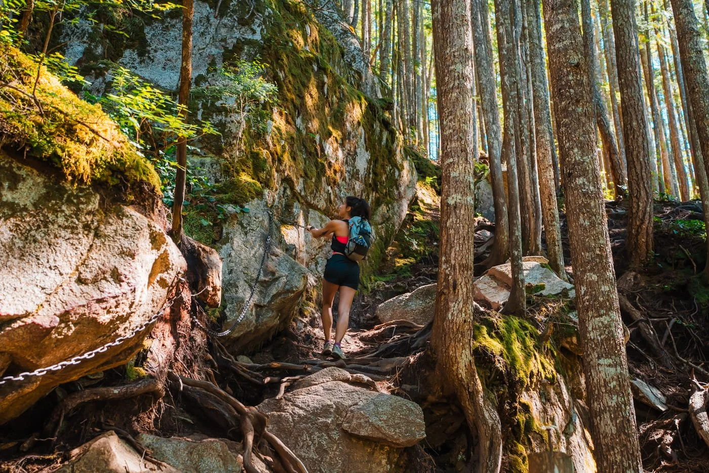 Girl using chain hand lines along the sea to summit trail
