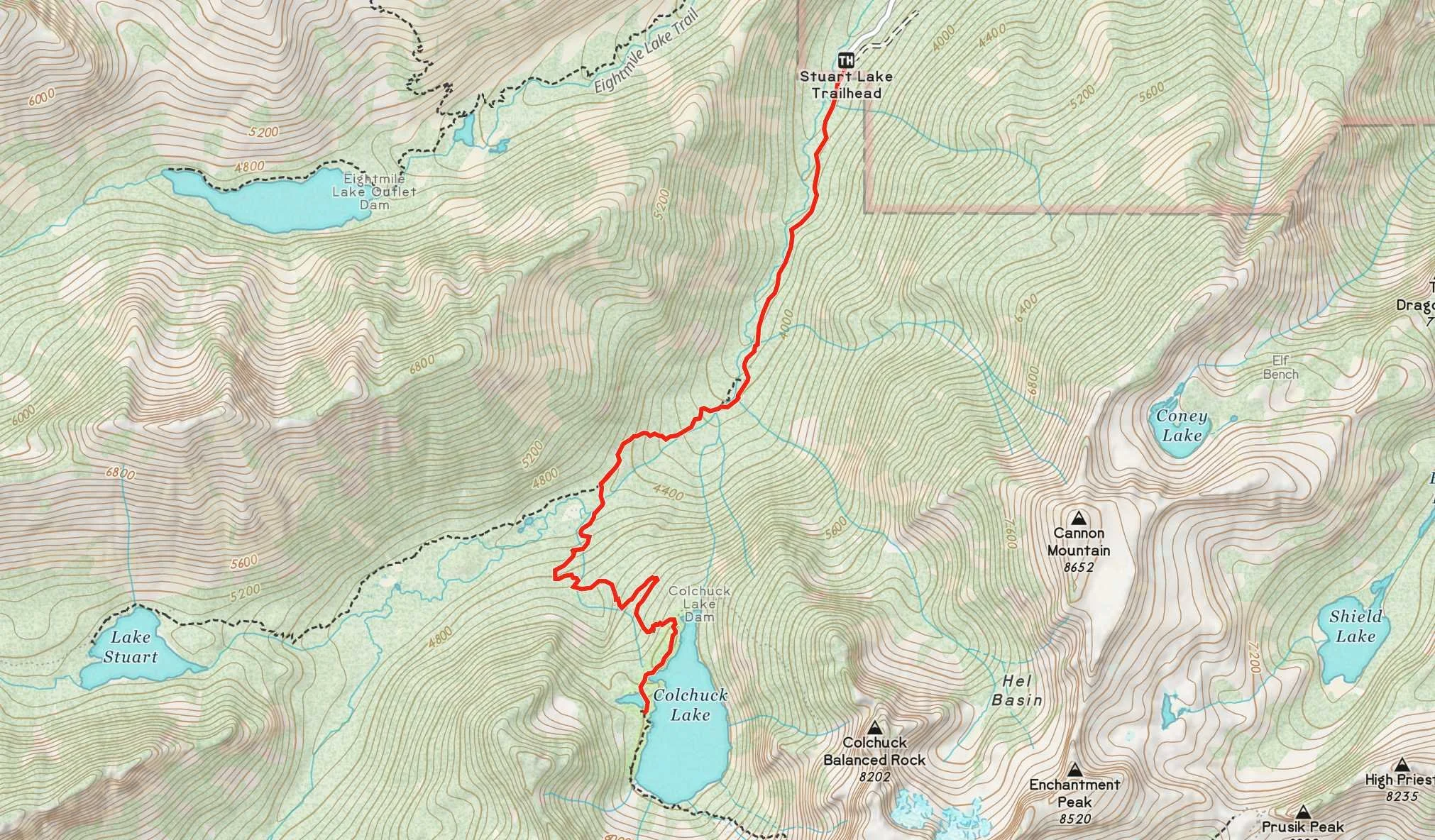 Topopgraphic map showing the trail from the Stewart Lake trailhead to Colchuck Lake