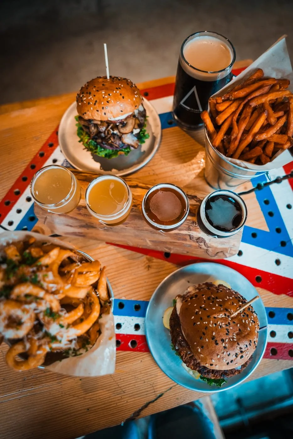 Beer and food from A-Frame Brewing Co and Flipside Burgers 