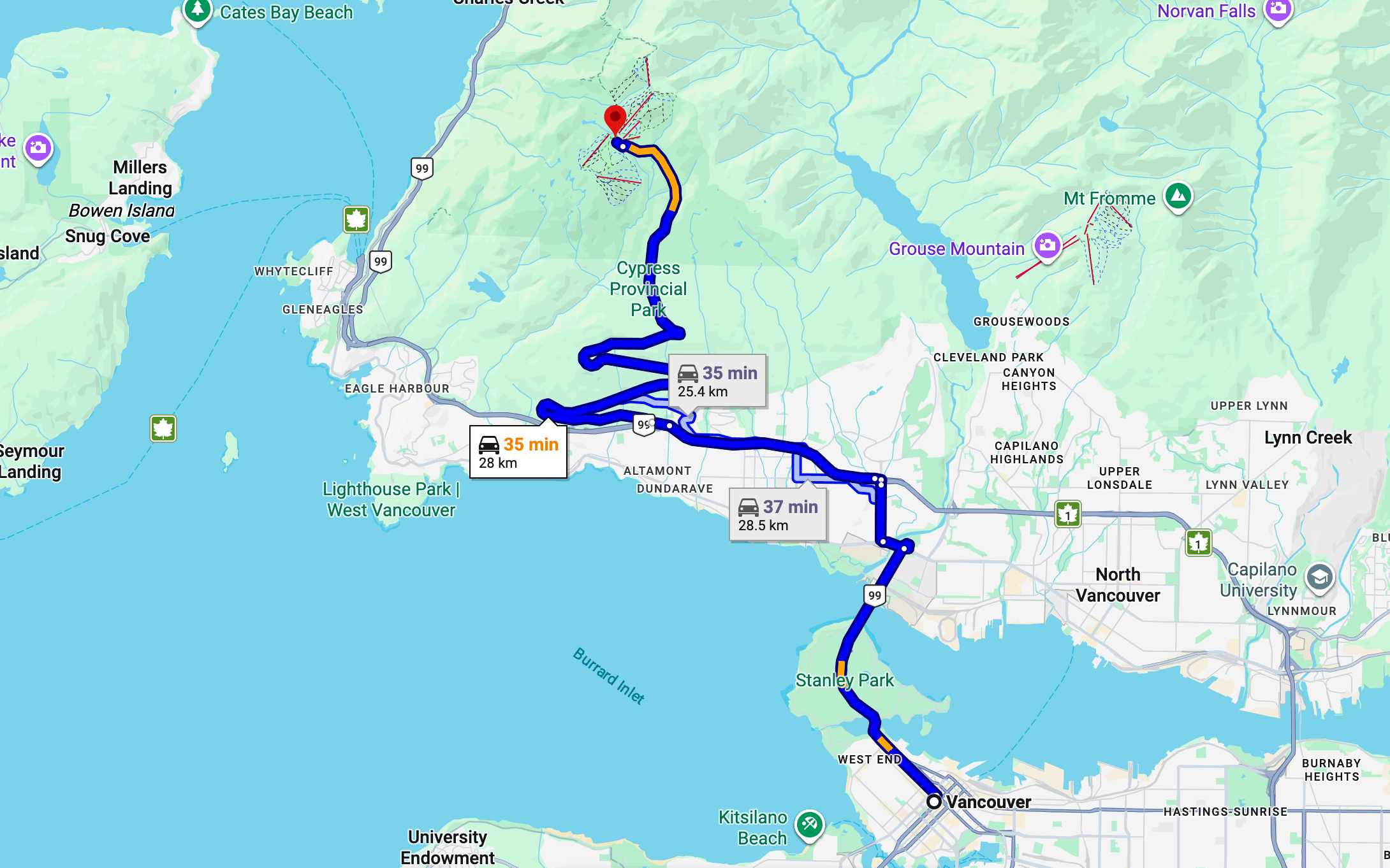 General driving route from Downtown Vancouver to Cypress Mountain Resort