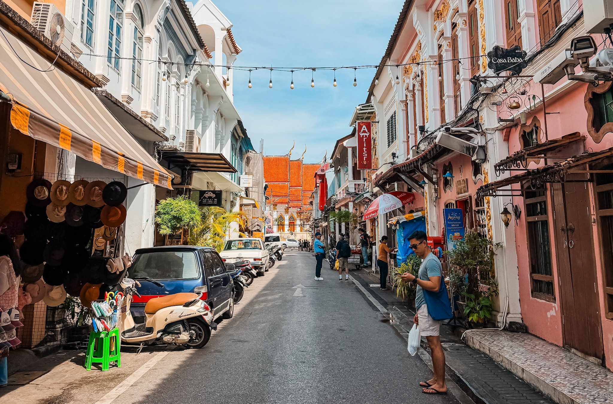 looking down a colorful street in phuket old town