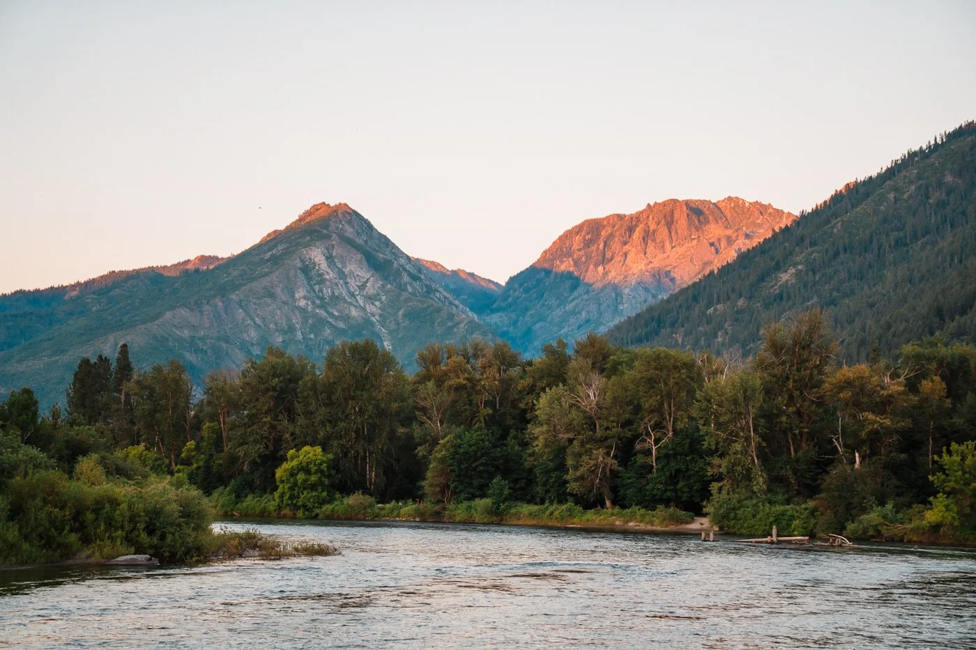Section of the Wenatchee River near Leavenworth Washington at sunset
