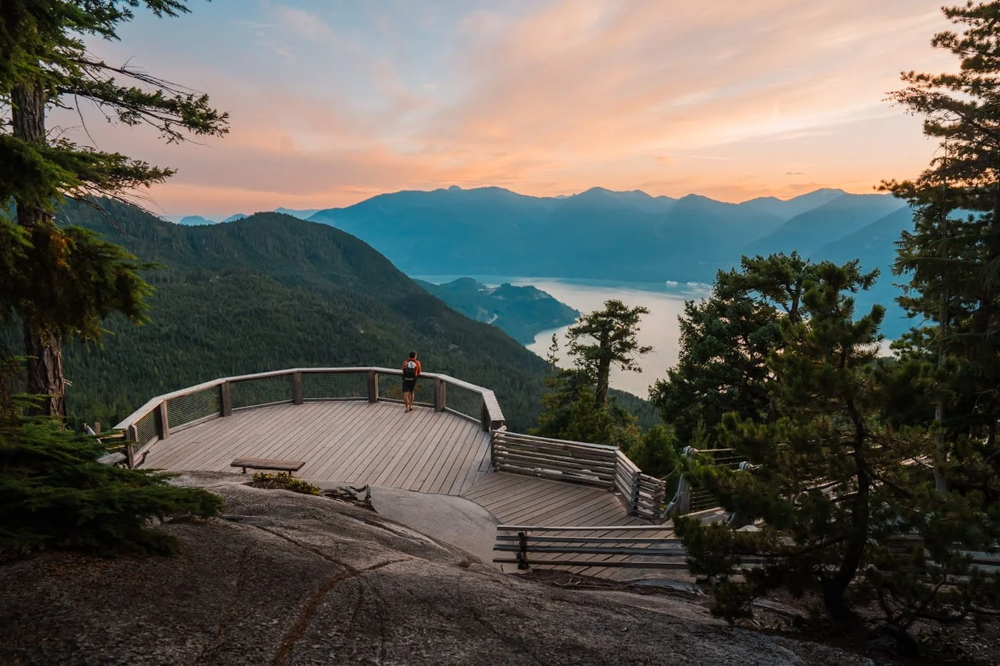 man looking out at the Howe Sound along the Sea to Sky Gondola trail system
