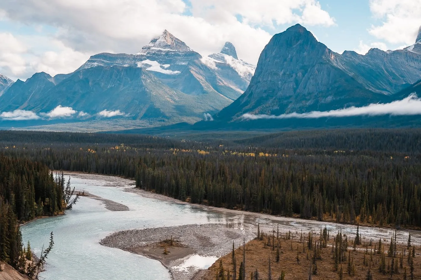 Icefields parkway roadside view of river and mountains