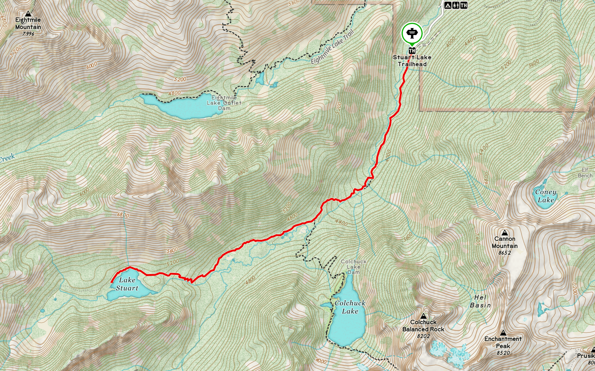 Overview map of the trail from Stuart Lake Trailhead to Lake Stuart