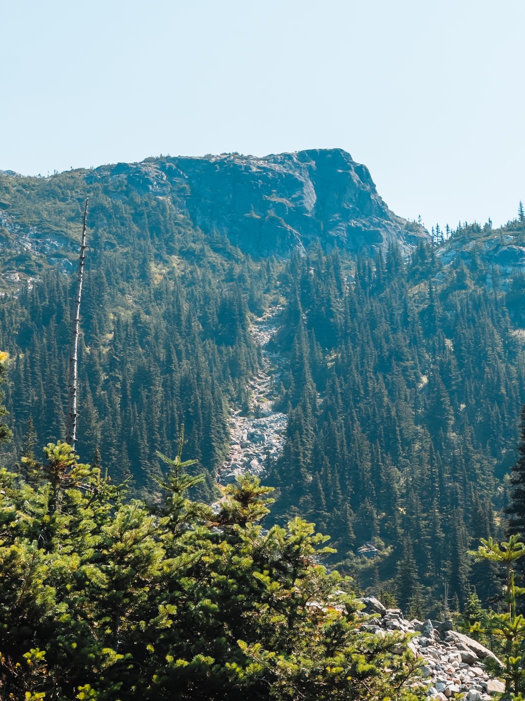  distant view of the rocky gully up the last section to Wedgemount Lake 