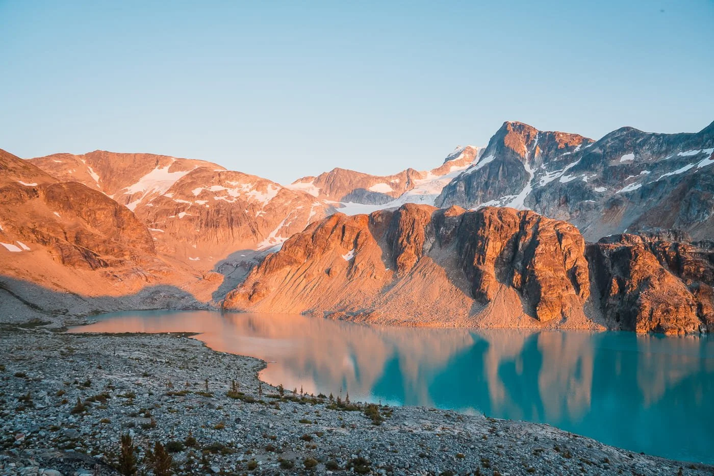 sunrise view of wedgemount lake from the upper wedgemount lake camping area