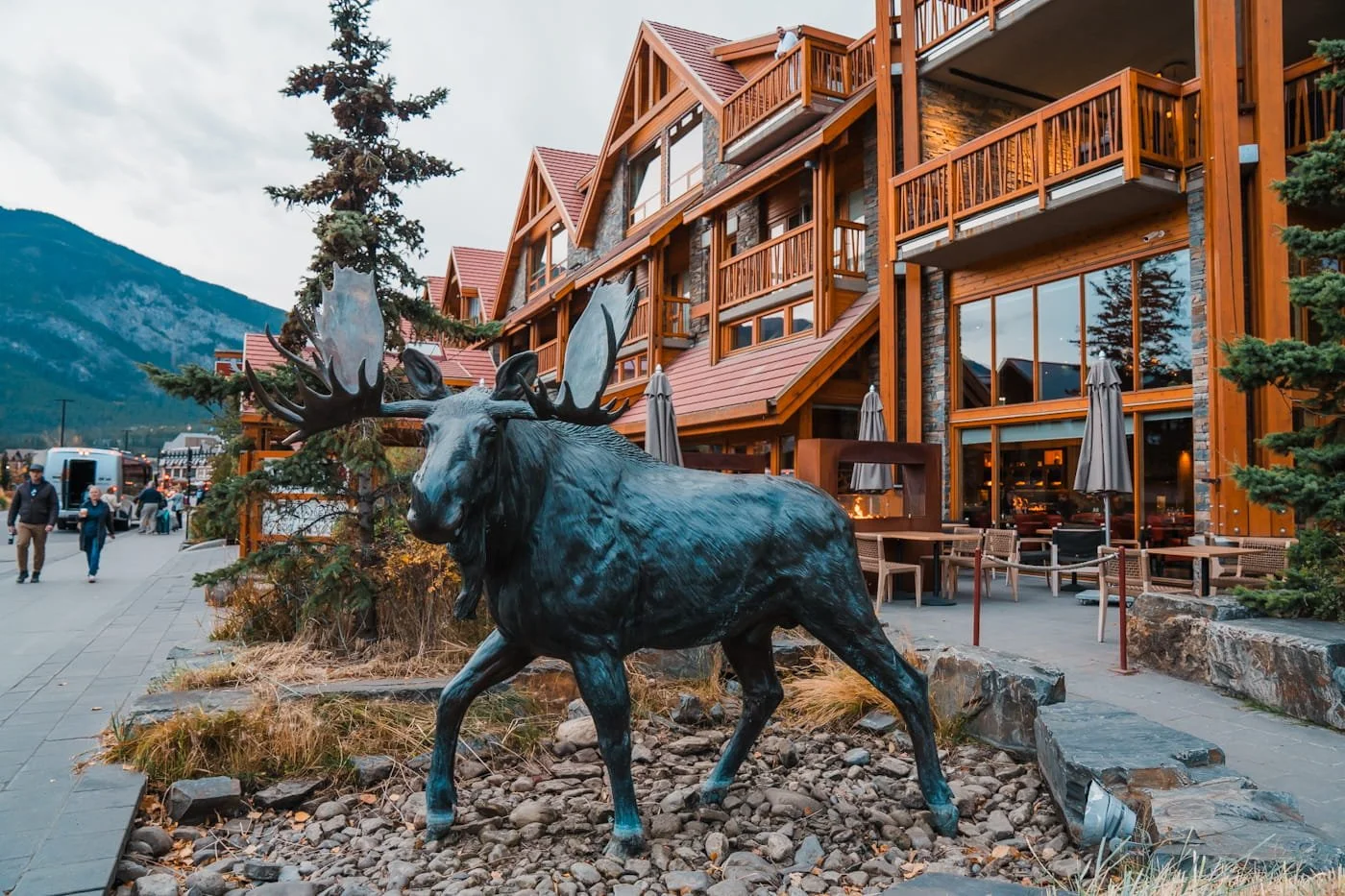 A giant moose statue outside of the moose hotel in downtown banff