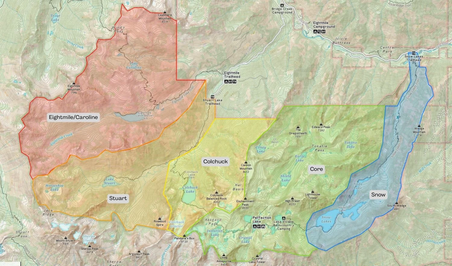A map of The Enchantment permit zones, color coding each of the five zones