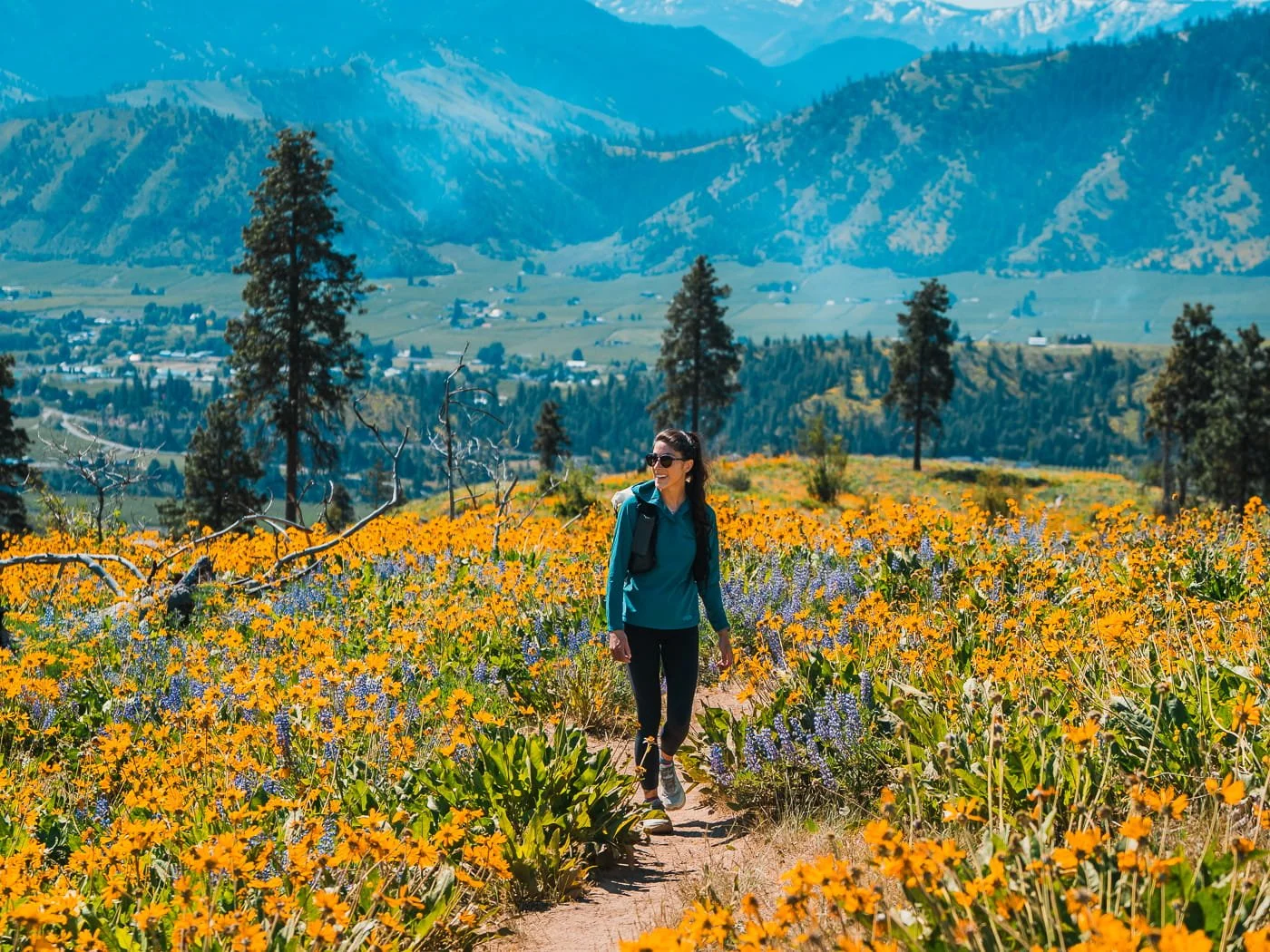 A woman hiking on a trail through yellow and purple wildflowers with hills in the background