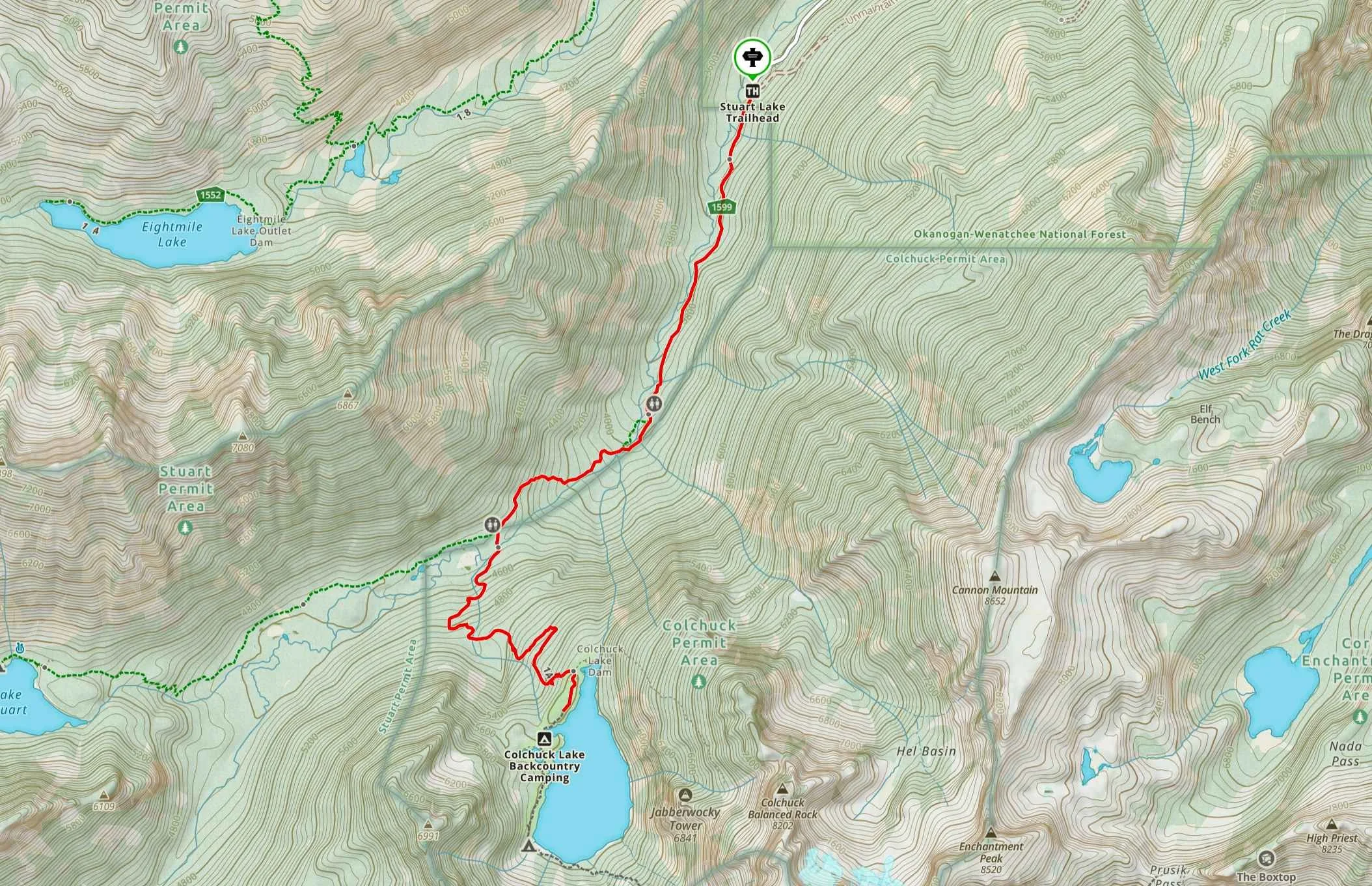 detailed map view of route from Stuart Lake Trailhead to Colchuck Lake