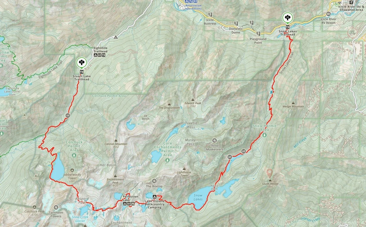 Map of the Enchantments, with the full day hike track showing and the start and end points