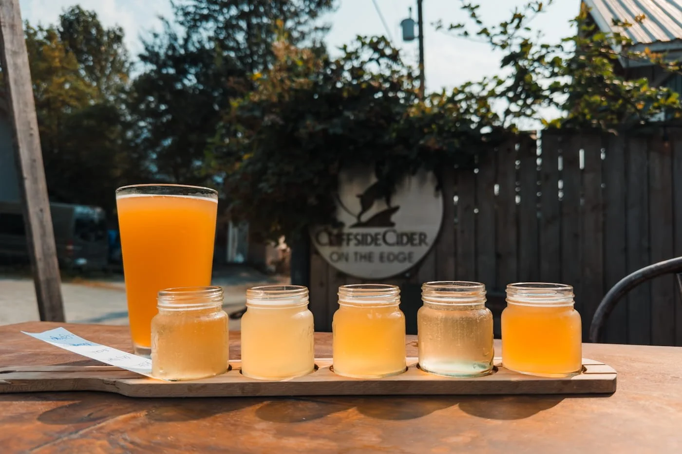 flight of ciders from cliffside cider in downtown squamish
