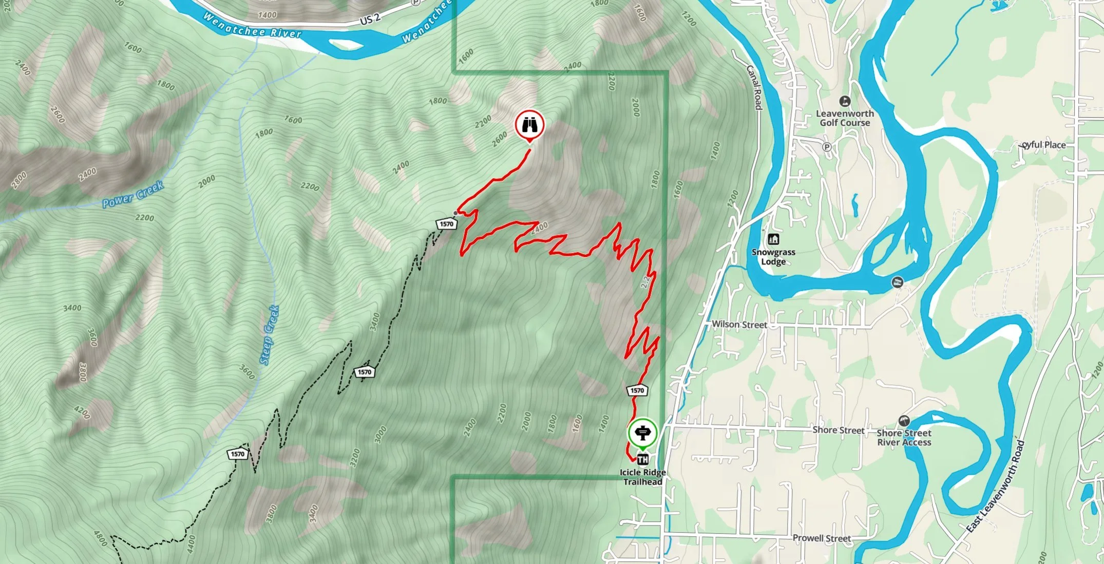 topographic image of icicle ridge hiking route from the trailhead to the view point above Leavenworth, WA