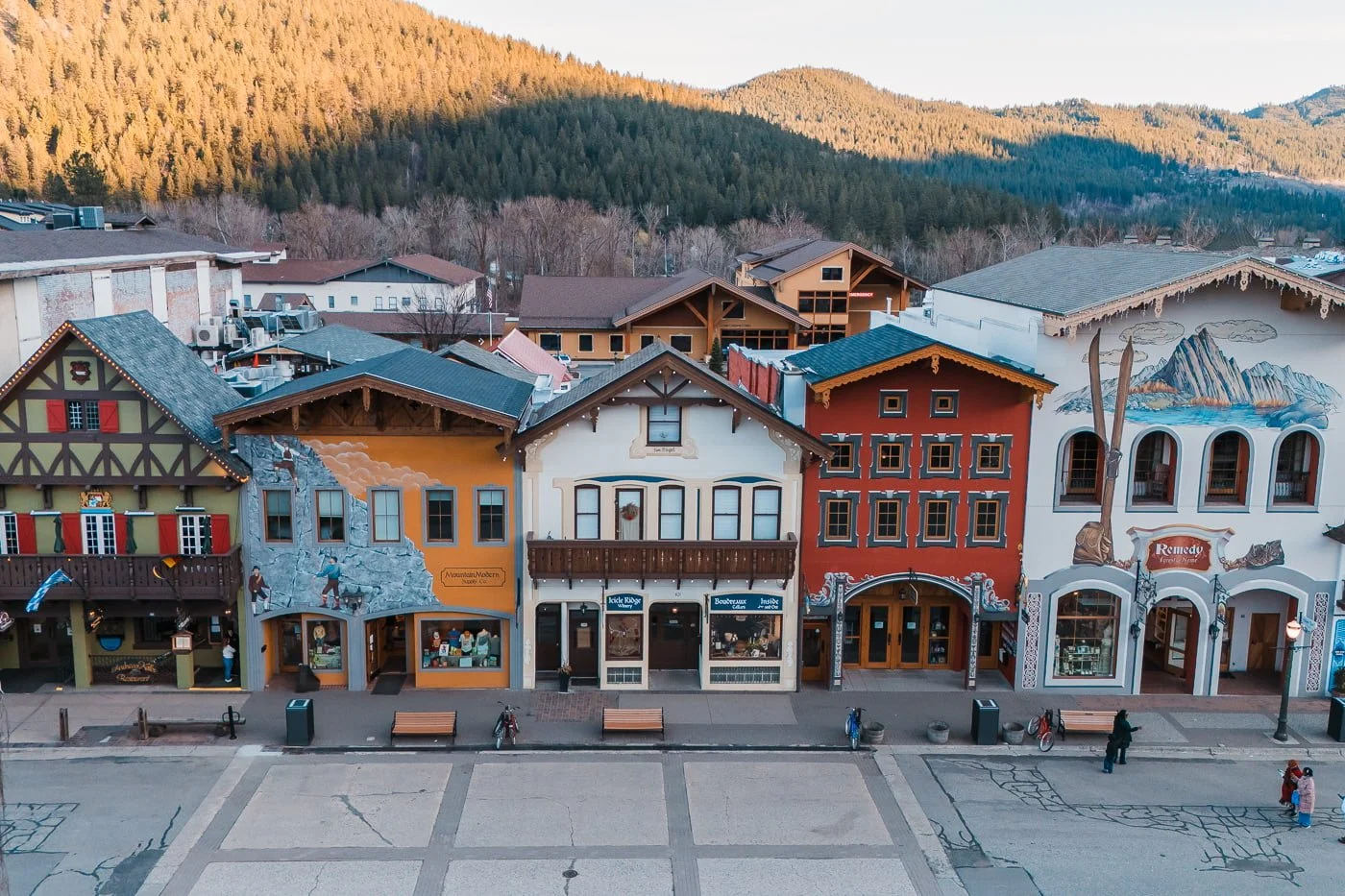 Aerial view of Bavarian themed buildings in Leavenworth Washington