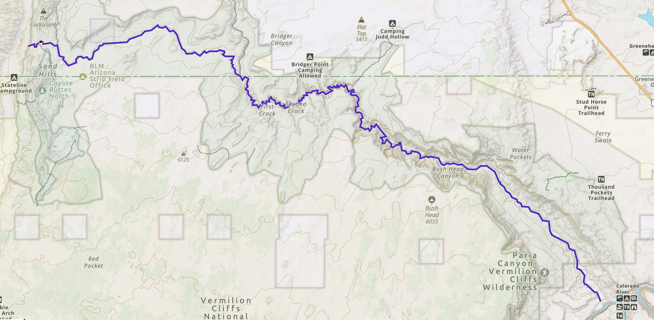 the full map of Paria Canyon with a purple line showing the trail
