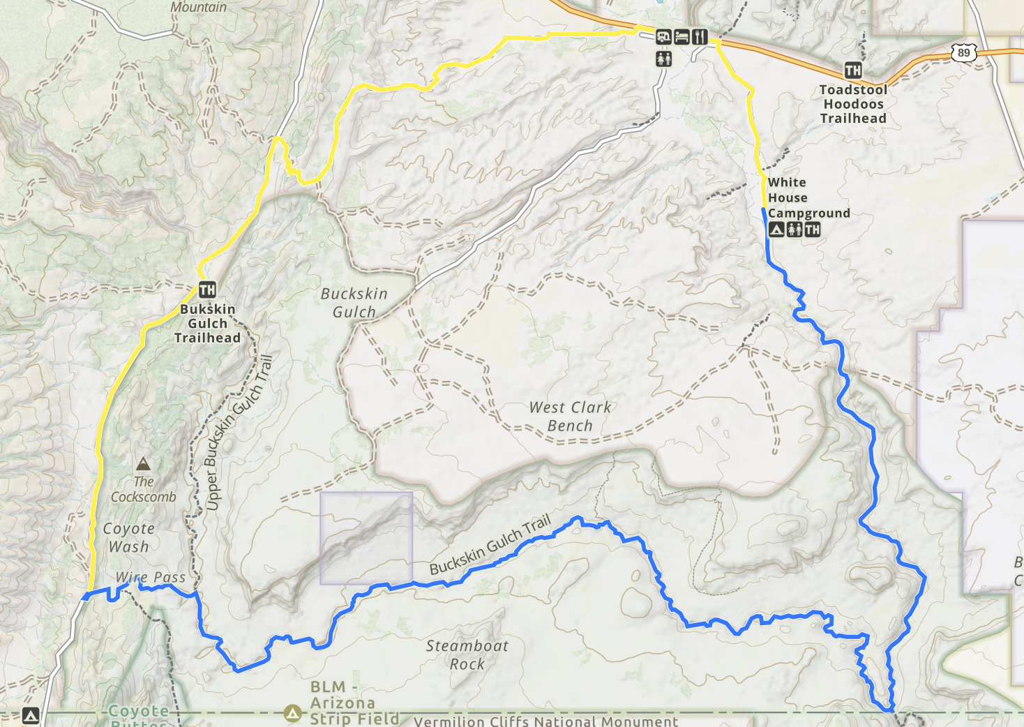 a zoomed in trail map showing buckskin gulch to White House trailhead and the loop to get back to Wire Pass