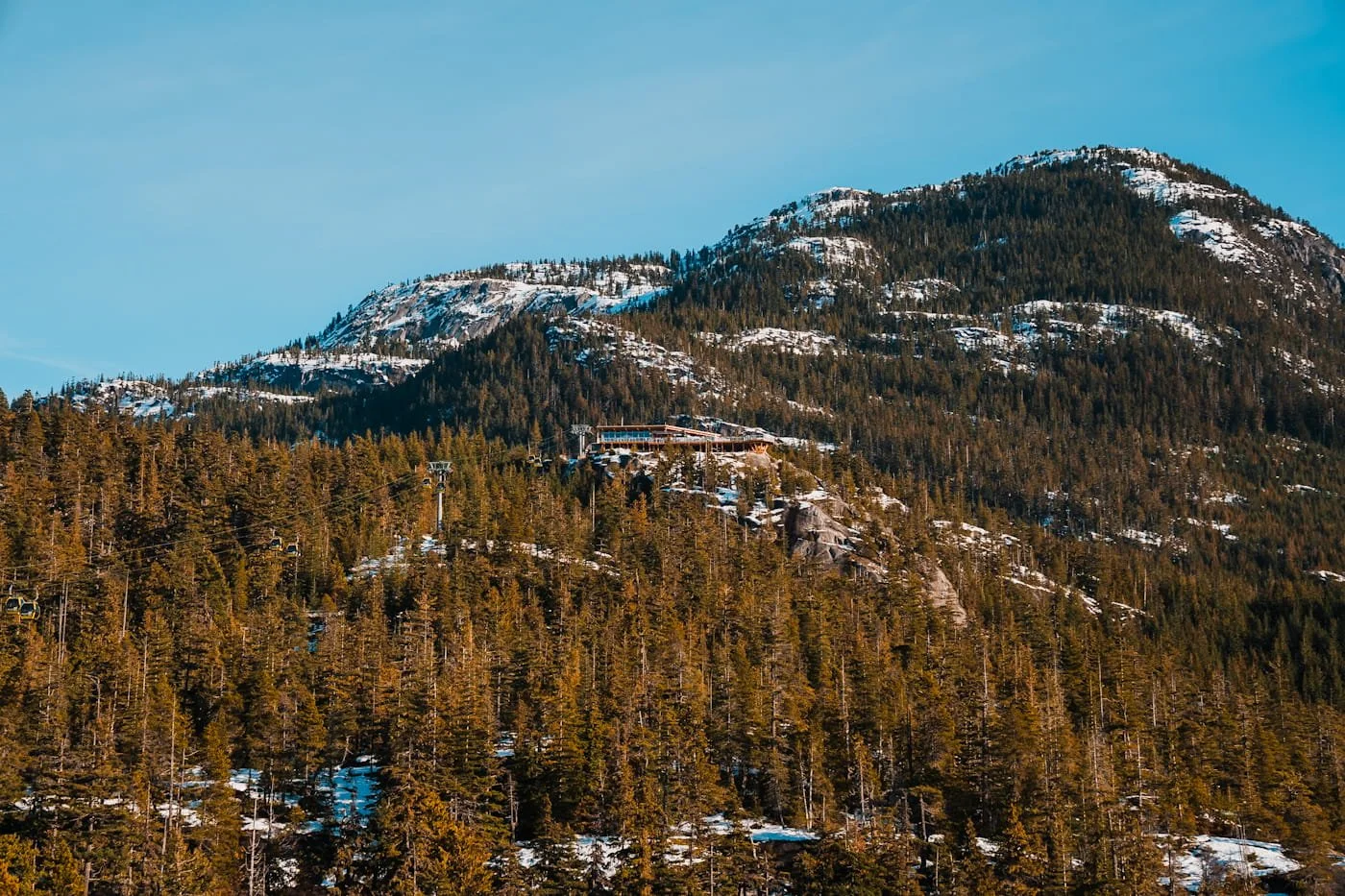 Distant view of the Sea to Sky Gondola and Summit Lodge in winter