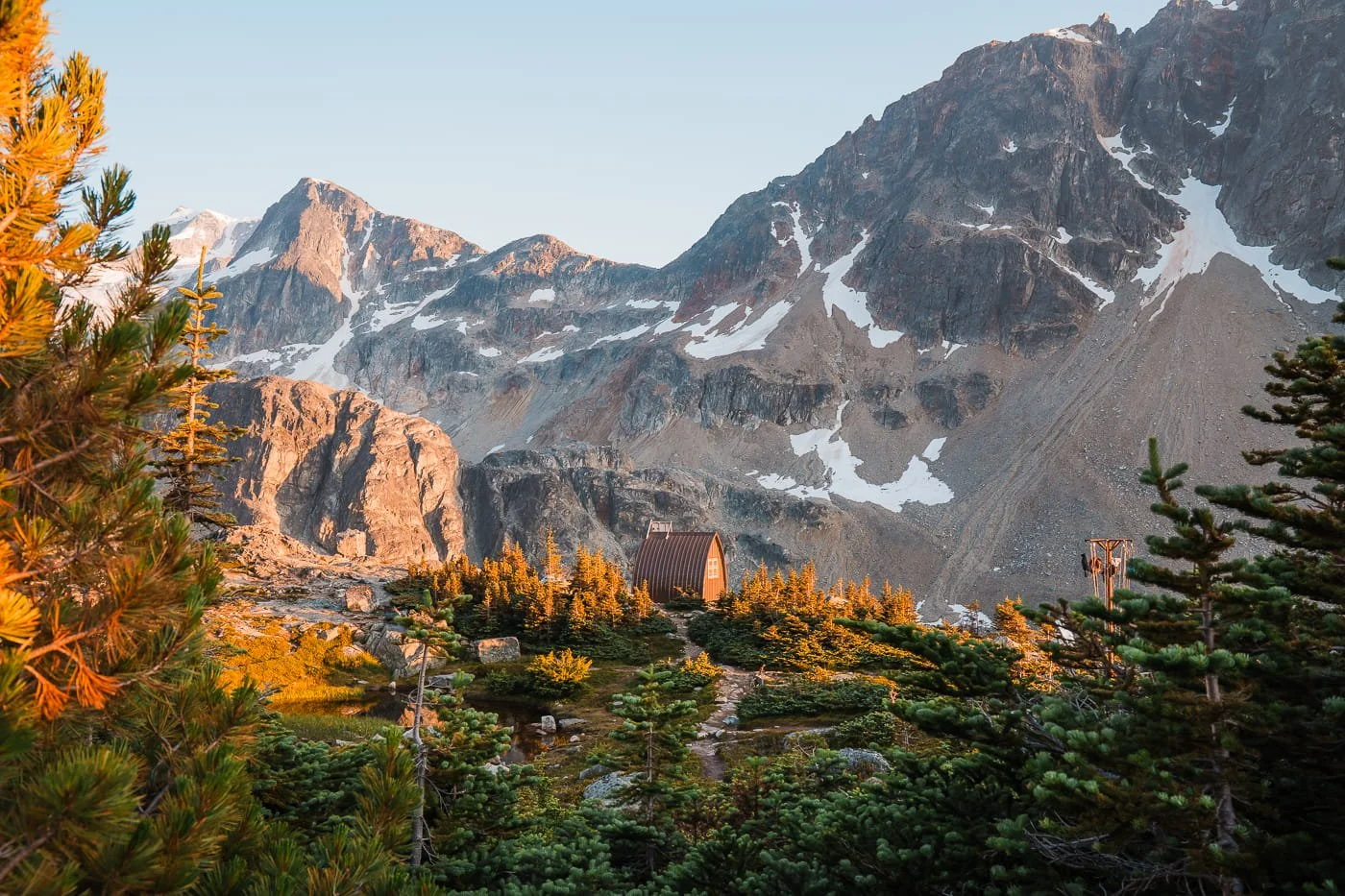 Sunset view of the wedgemount lake emergency shelter and bear hang