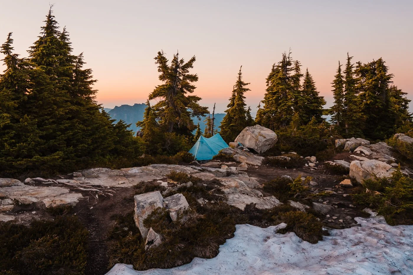 Blue tent setup at Unnecessary Mountain campsite along the Howe Sound Crest Trail