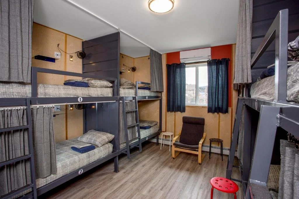 Bunk beds in a modern hostel room in downtown jasper