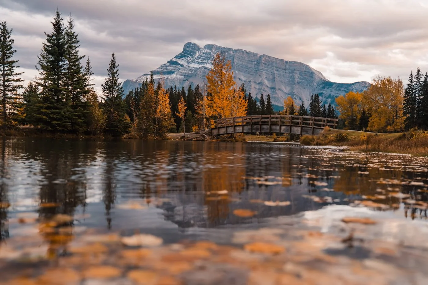 Scenic mountain view with fall colors and a bridge at cascade ponds in banff