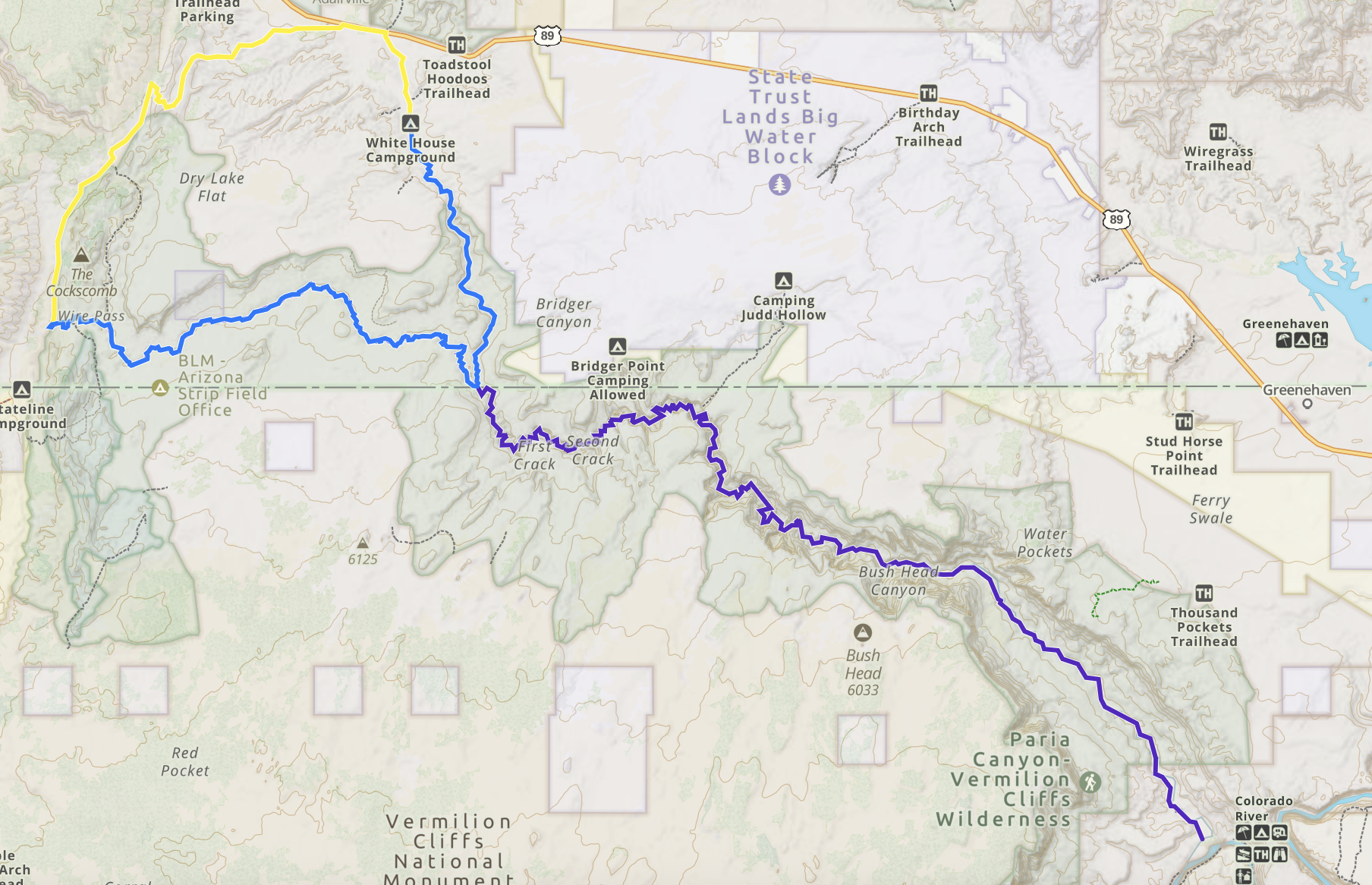 A screenshot of the gaia gps map showing the trail for buckskin gulch and paria canyon