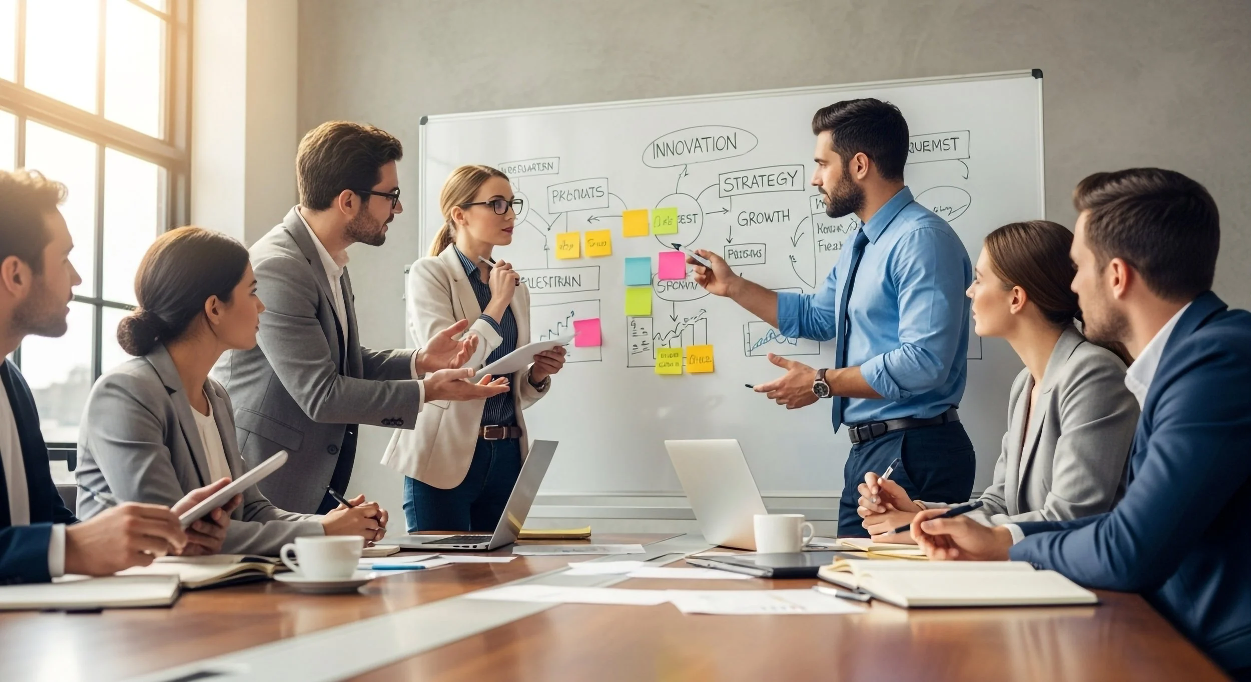 Image of team solving problem at white board.