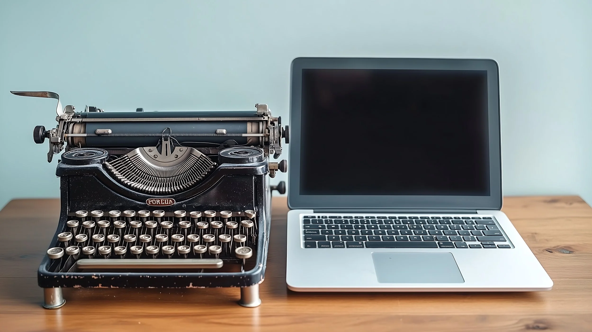Image of an old typewriter next to a laptop